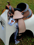 14", 15" Double T barrel style saddle with oak leaf tooled design. - Country Scene Saddlery and Pet Supplies