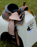 14", 15" Double T barrel style saddle with oak leaf tooled design. - Country Scene Saddlery and Pet Supplies