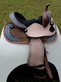 14", 15" Double T barrel style saddle with oak leaf tooled design. - Country Scene Saddlery and Pet Supplies