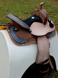 14", 15" Double T barrel style saddle with oak leaf tooled design. - Country Scene Saddlery and Pet Supplies