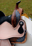 14", 15" Double T barrel style saddle with oak leaf tooled design. - Country Scene Saddlery and Pet Supplies