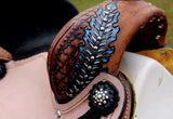 14", 15" Double T barrel style saddle with oak leaf tooled design. - Country Scene Saddlery and Pet Supplies
