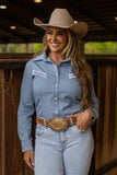 New! LIGHT WASH STRETCH DENIM STITCHED PERFORMANCE RODEO SHIRT - Country Scene Saddlery and Pet Supplies