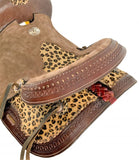 New! 12 inch Double T Hard Seat Barrel style saddle with Cheetah Seat and leather tassels. - Country Scene Saddlery and Pet Supplies