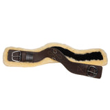 Brown leather girth strap with beige fleece lining on a white background