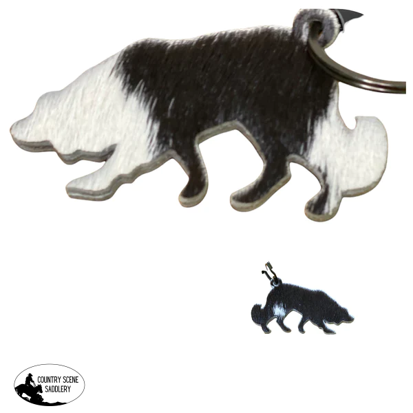 A7846 - Double Sided 100% Hair On Hide Leather Sheepdog Keychain Key Rings