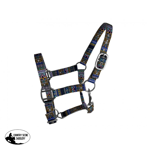 As852 Premium Nylon Adjustable Pony Halter - Blue Aztec Print Halter