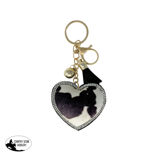 Bedazzled Hair On Cowhide Heart Keychain With Clip And Tassel Giftware