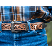 Belt - Western Leather Tooled With White Longhorn Unisex