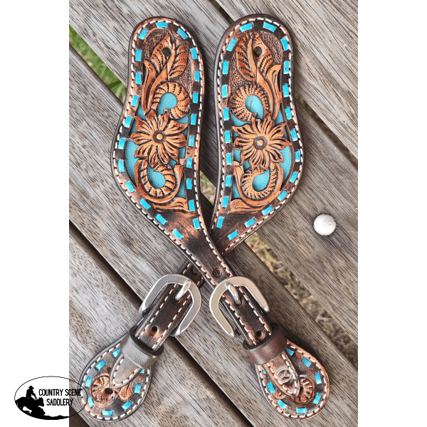 Bronco Blue Texas Flower Spur Straps Spur Straps