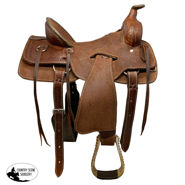 Buffalo Saddlery Hard Seat Oiled Roughout Ranch Roper Style Saddle - 16 Inch Youth Roping