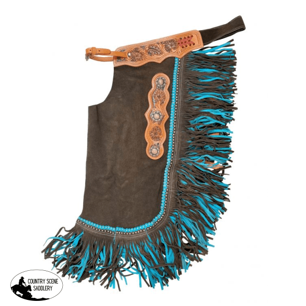 Ch-16 Showman ® Brown Suede Leather Chinks With Mixed Blue Fringe. Chinks