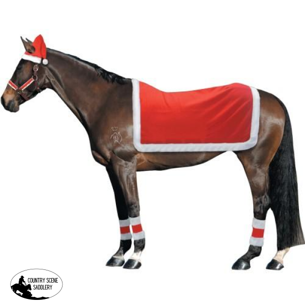 New! Christmas Horse Riding Set - Santa Hat Quarter Sheet Leg Wraps 3 Piece Bridle