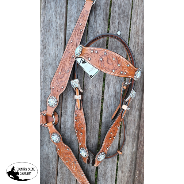 Css Floral Tooled Chestnut Headstall And Breastcollar With Clear Diamontes