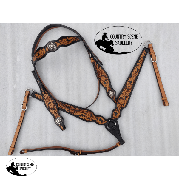 New! Css Floral Tooled Headstall And Breastcollar Browband