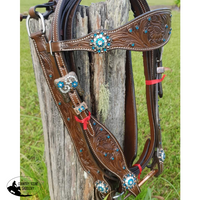 New! Css Floral Tooled Headstall And Breastcollar With Teal Diamontes