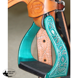 CSS Turquoise Engraved Stirrup Irons. - Country Scene Saddlery and Pet Supplies