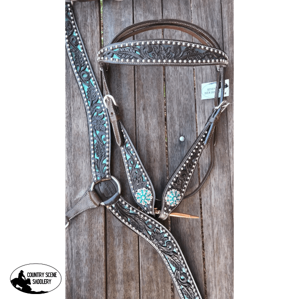 Css Western Inlay Breastcollar And Bridle- Teal Glitter Bridles