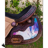 CSSB13 Pink and Teal Swirl Inlay Barrel Saddle - Country Scene Saddlery and Pet Supplies