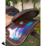CSSB13 Pink and Teal Swirl Inlay Barrel Saddle - Country Scene Saddlery and Pet Supplies