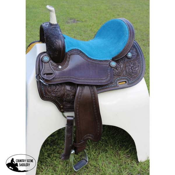 Css082 - Chocolate Floral Tooled Barrel Saddle With Blue Seat. Full Qh 16 Inch