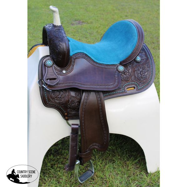 Css082 - Chocolate Floral Tooled Barrel Saddle With Blue Seat. Full Qh 16 Inch