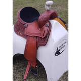 CSSB03 Chestnut Floral Tooled Barrel Saddle - Country Scene Saddlery and Pet Supplies