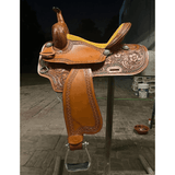 CSSB03 Chestnut Floral Tooled Barrel Saddle - Country Scene Saddlery and Pet Supplies