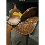 CSSB03 Chestnut Floral Tooled Barrel Saddle - Country Scene Saddlery and Pet Supplies