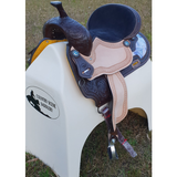 CSSB05 Purple and Turquoise Swirl Barrel Saddle- Roughout - Country Scene Saddlery and Pet Supplies
