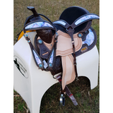 CSSB05 Purple and Turquoise Swirl Barrel Saddle- Roughout - Country Scene Saddlery and Pet Supplies