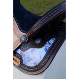 CSSB05 Purple and Turquoise Swirl Barrel Saddle- Roughout - Country Scene Saddlery and Pet Supplies