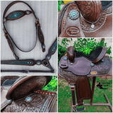 CSSB06 Chocolate Floral Tooled Barrel Saddle Barbed Wire - Country Scene Saddlery and Pet Supplies