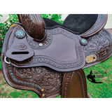 CSSB06 Chocolate Floral Tooled Barrel Saddle Barbed Wire - Country Scene Saddlery and Pet Supplies