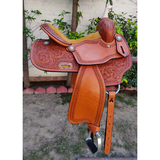 CSSB07 Chestnut Floral Tooled Barrel Saddle - Country Scene Saddlery and Pet Supplies
