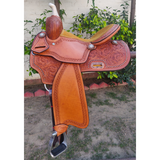 CSSB07 Chestnut Floral Tooled Barrel Saddle - Country Scene Saddlery and Pet Supplies