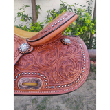 CSSB07 Chestnut Floral Tooled Barrel Saddle - Country Scene Saddlery and Pet Supplies