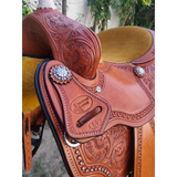 CSSB07 Chestnut Floral Tooled Barrel Saddle - Country Scene Saddlery and Pet Supplies
