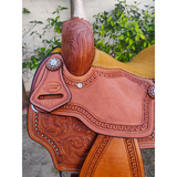 CSSB07 Chestnut Floral Tooled Barrel Saddle - Country Scene Saddlery and Pet Supplies