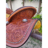 CSSB07 Chestnut Floral Tooled Barrel Saddle - Country Scene Saddlery and Pet Supplies