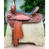 CSSB14 Chestnut Floral Tooled Barrel Saddle - Country Scene Saddlery and Pet Supplies