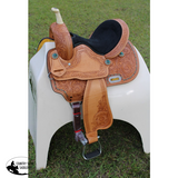 CSSB15 - Sunflower Tooled Barrel Saddle (Youth) - Country Scene Saddlery and Pet Supplies