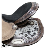 DOUBLE T 15" Barrel Style saddle with hair on cowhide inlay. Full QH 7.5 - Country Scene Saddlery and Pet Supplies