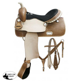 Double T Barrel saddle set with basket weave tooling. - Country Scene Saddlery and Pet Supplies
