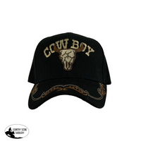 Embroidered Cowboy Ballcap W/ Steer Skull Logo. Black Hats