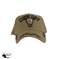 Embroidered Cowboy Ballcap W/ Steer Skull Logo. Brown Hats