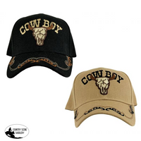 Embroidered Cowboy Ballcap W/ Steer Skull Logo. Hats