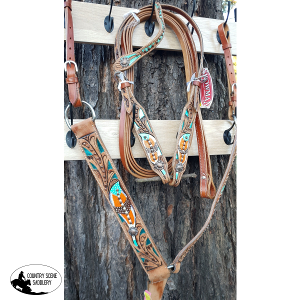 New! Feather Design Headstall And Breastcollar.