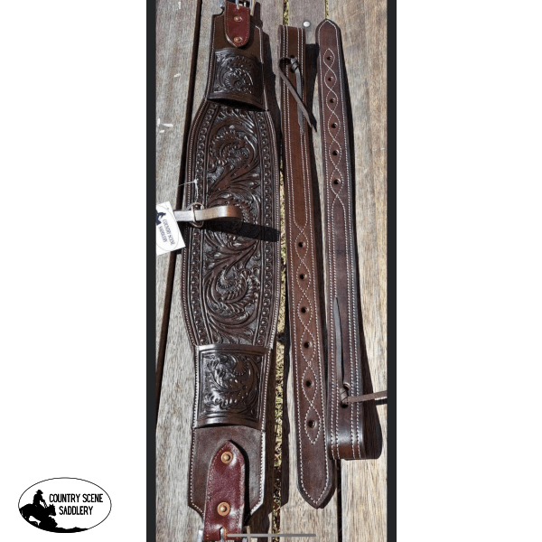 Floral Tooled Chocolate Leather Rear Cinch Set.