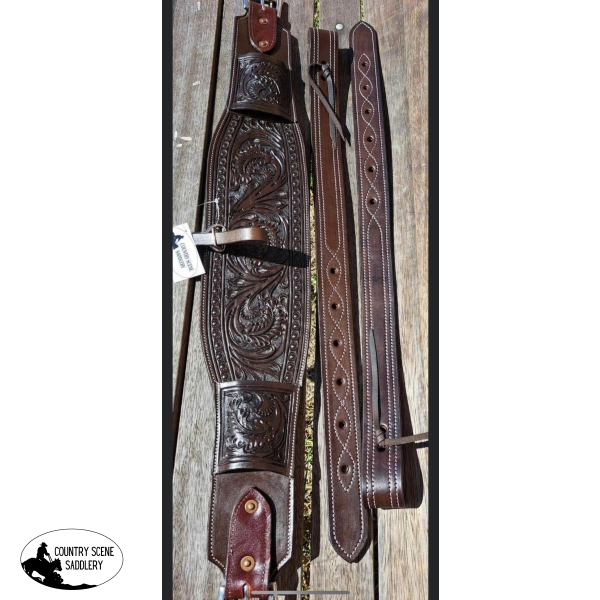 Floral Tooled Chocolate Leather Rear Cinch Set.